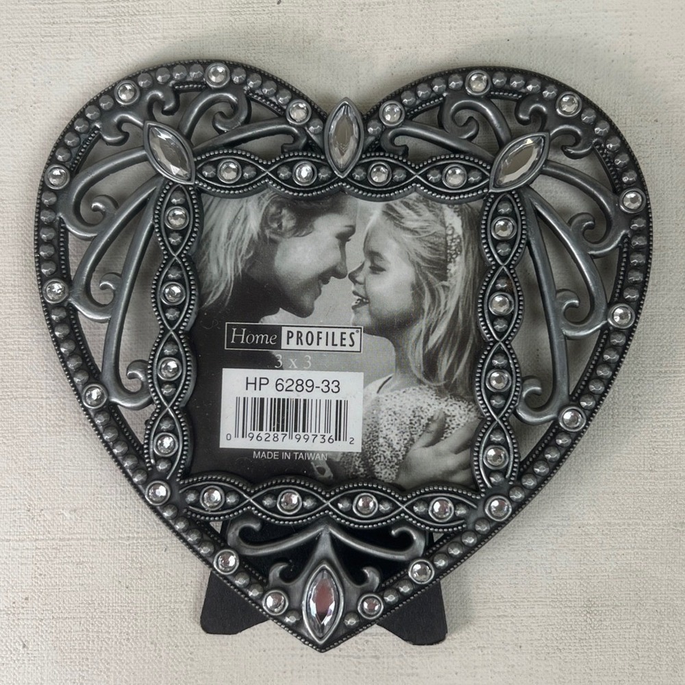 Heart Picture Frame Silver Rhinestone Home Profiles 3x3 Photo Embellished Glam‎